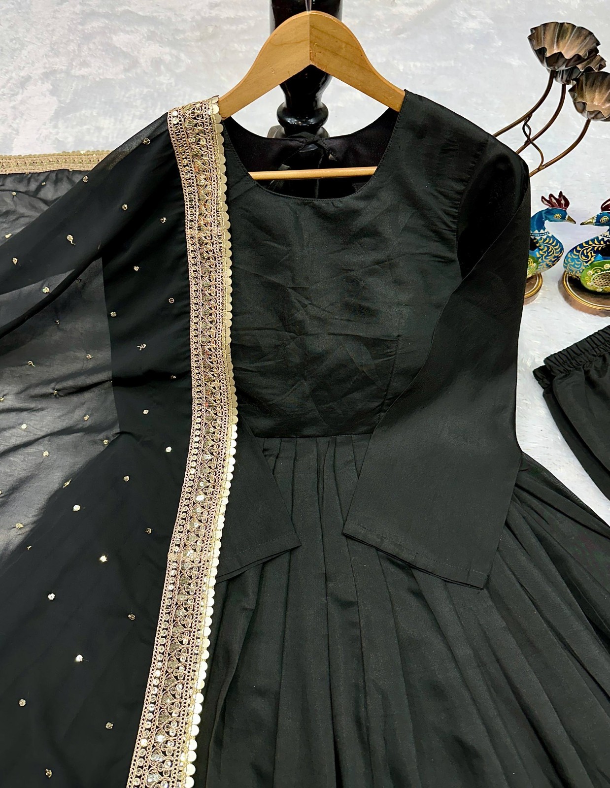 New Heavy Roman Silk Black Gown Bottom With Dupatta For Women Festival Wear