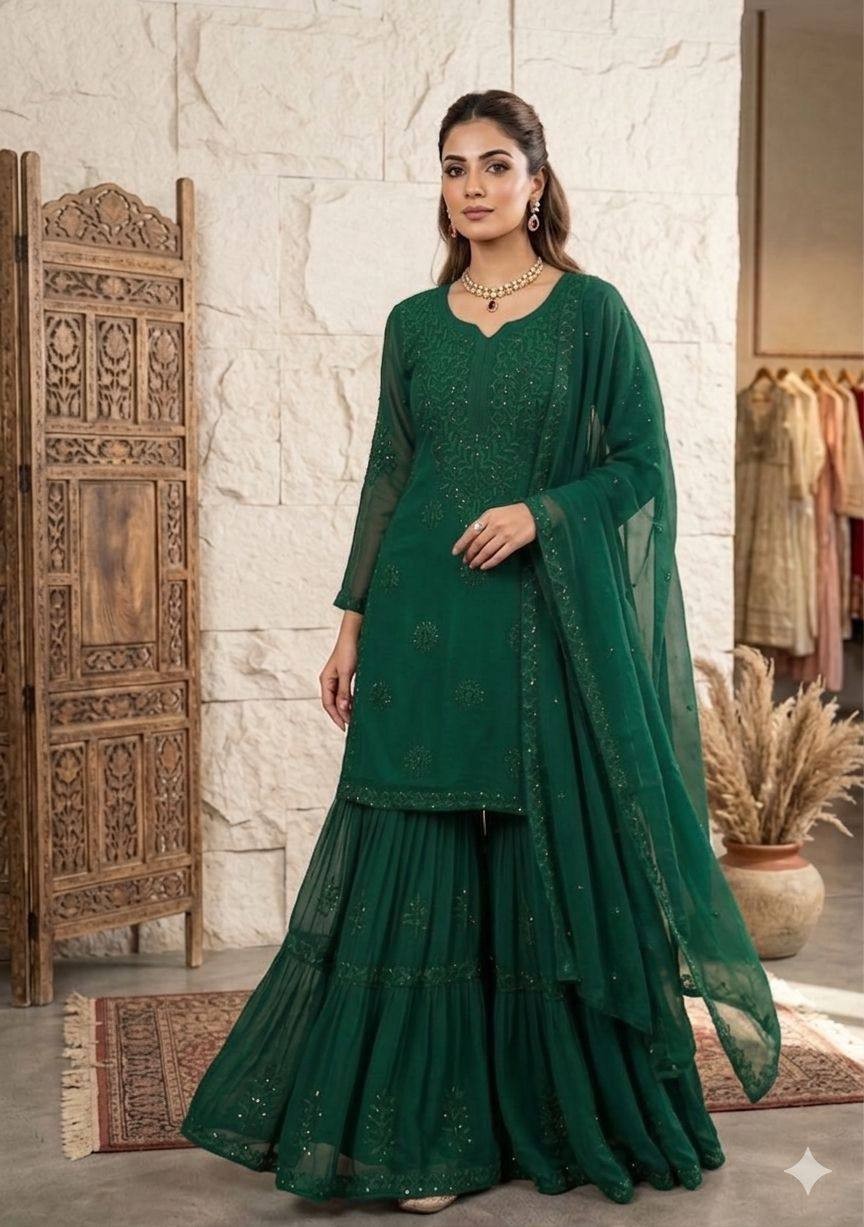 Indian Pakistani Green Kurta Sharara Set Women Embroidered Wedding Party Wear