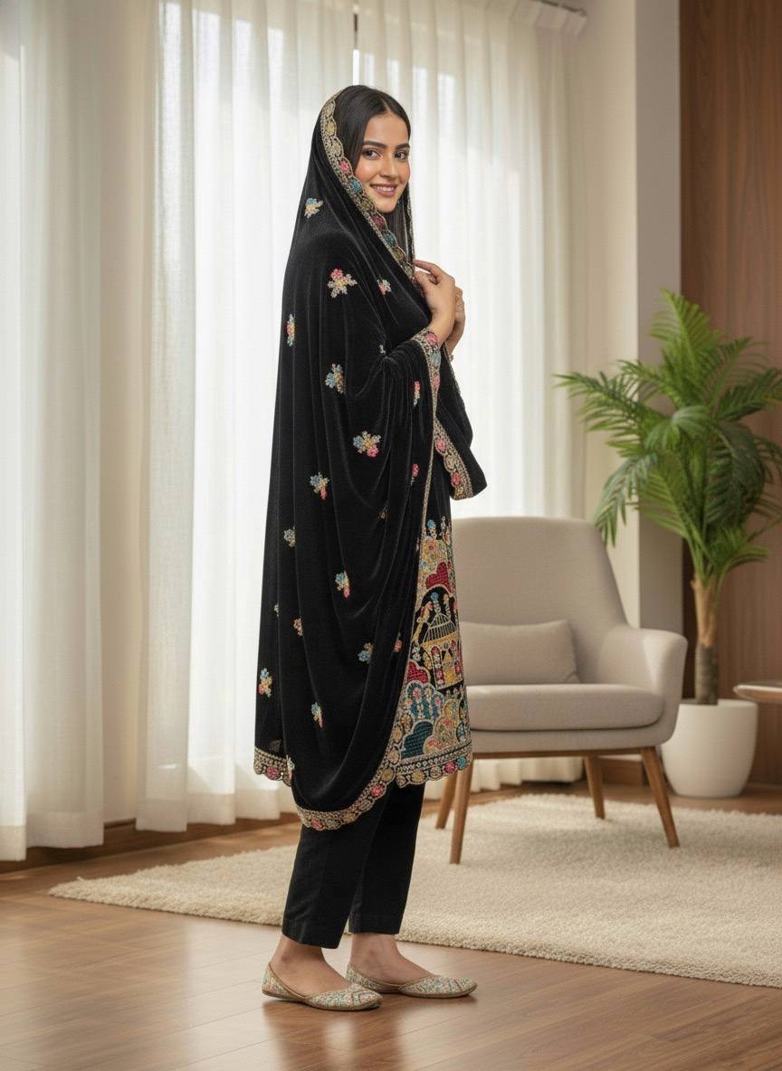 Stylish Black Velvet Readymade Salwar Suits For Women Indian Wedding Party Dress