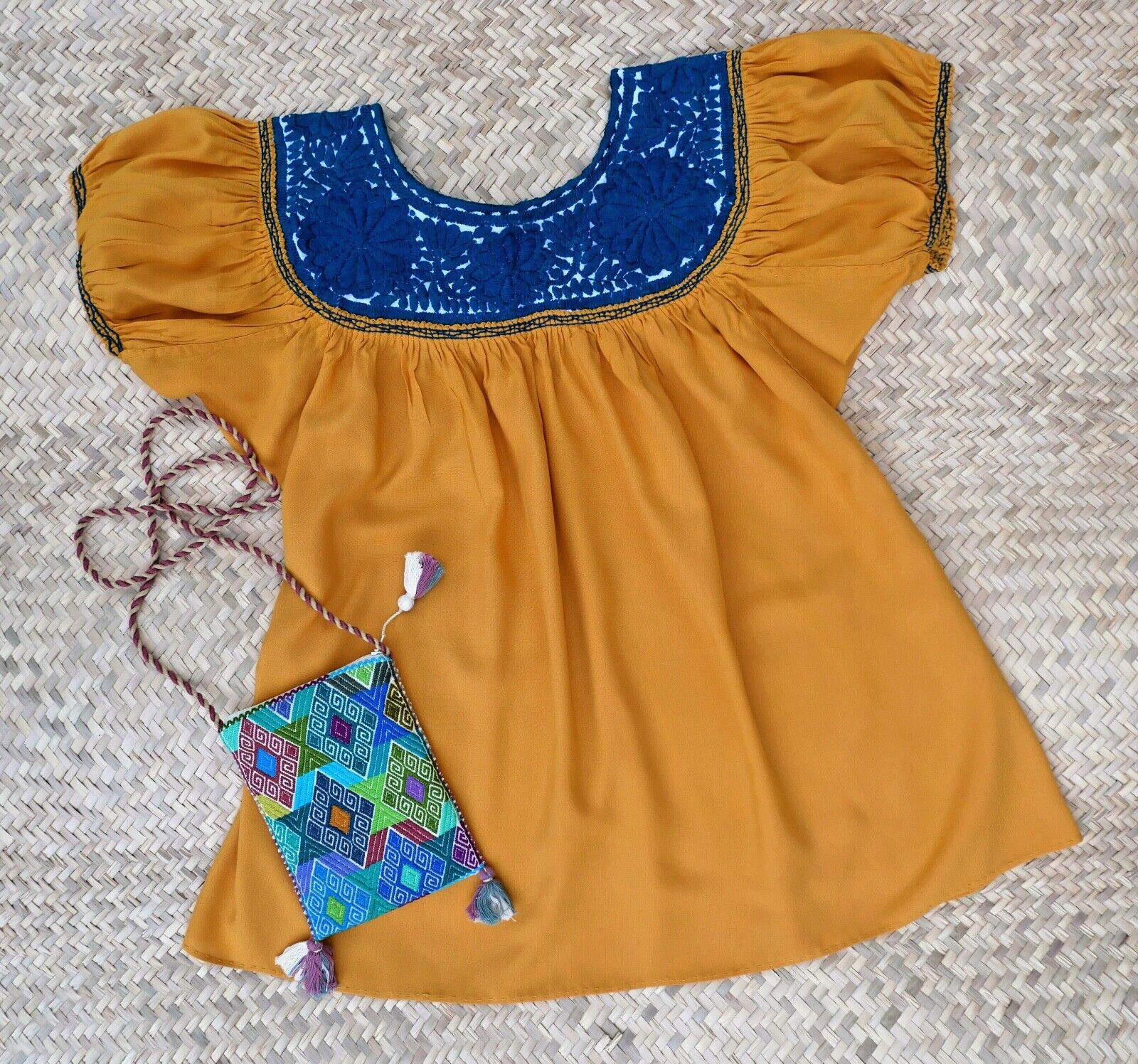 S/M Peasant Blouse Hand Embroidery Blue Flowers Gold Fabric Mayan Chiapas Mexico