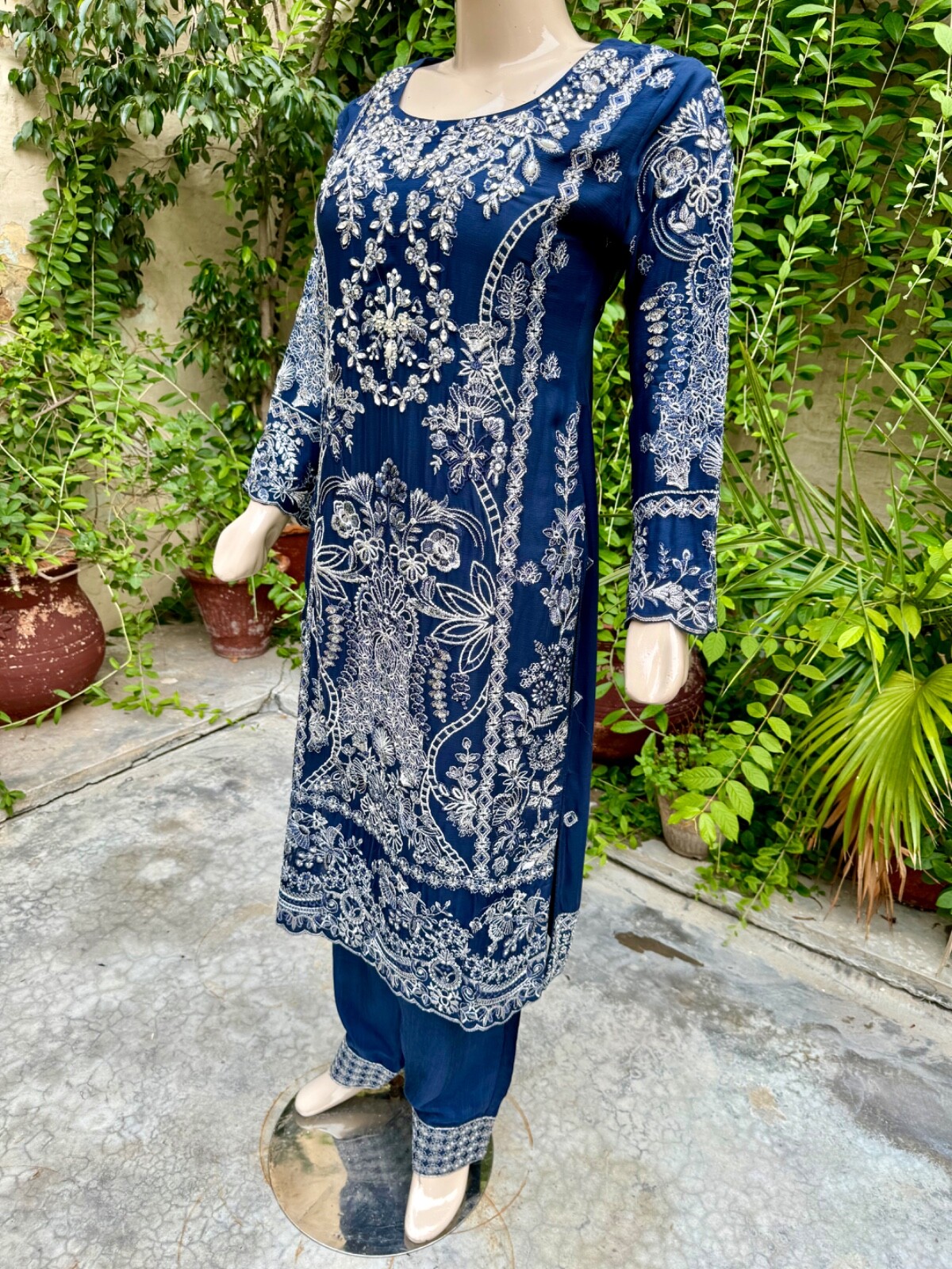 Pakistani Navy Blue 3 Pcs Fancy Chiffon Dress with embroidery & Squins work,L