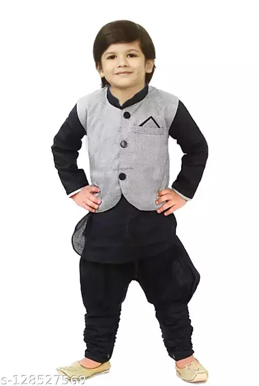Indian Ethic Style Developer Boy’s Kurta Festive & Party black Khadi Kurta Sets