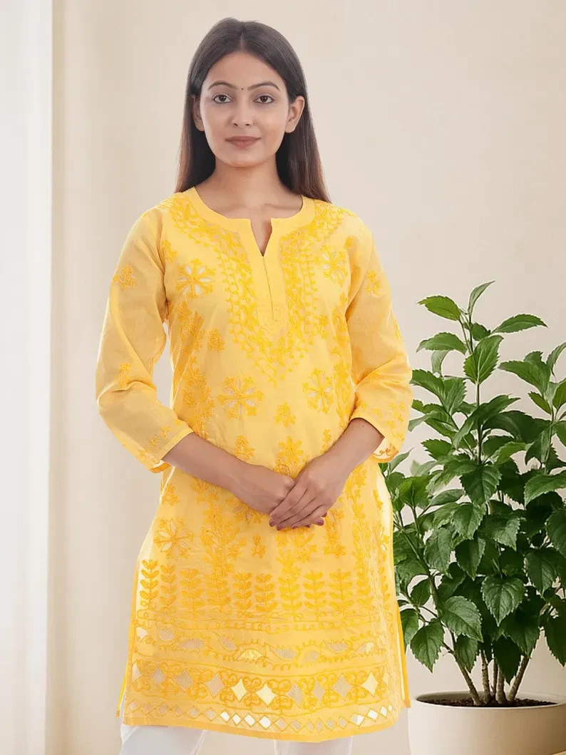 Yellow Cotton Chikankari Kurti | Wool Thread Handmade Kurti For Women