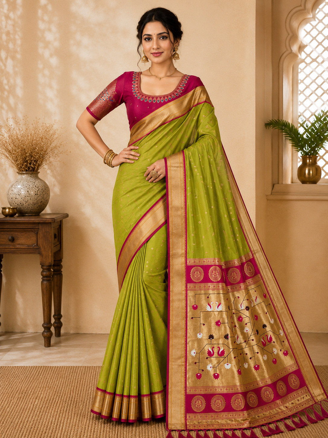 Paithani Silk Saree With Temple & Floral Motifs Golden Zari Work Bridal Wedding