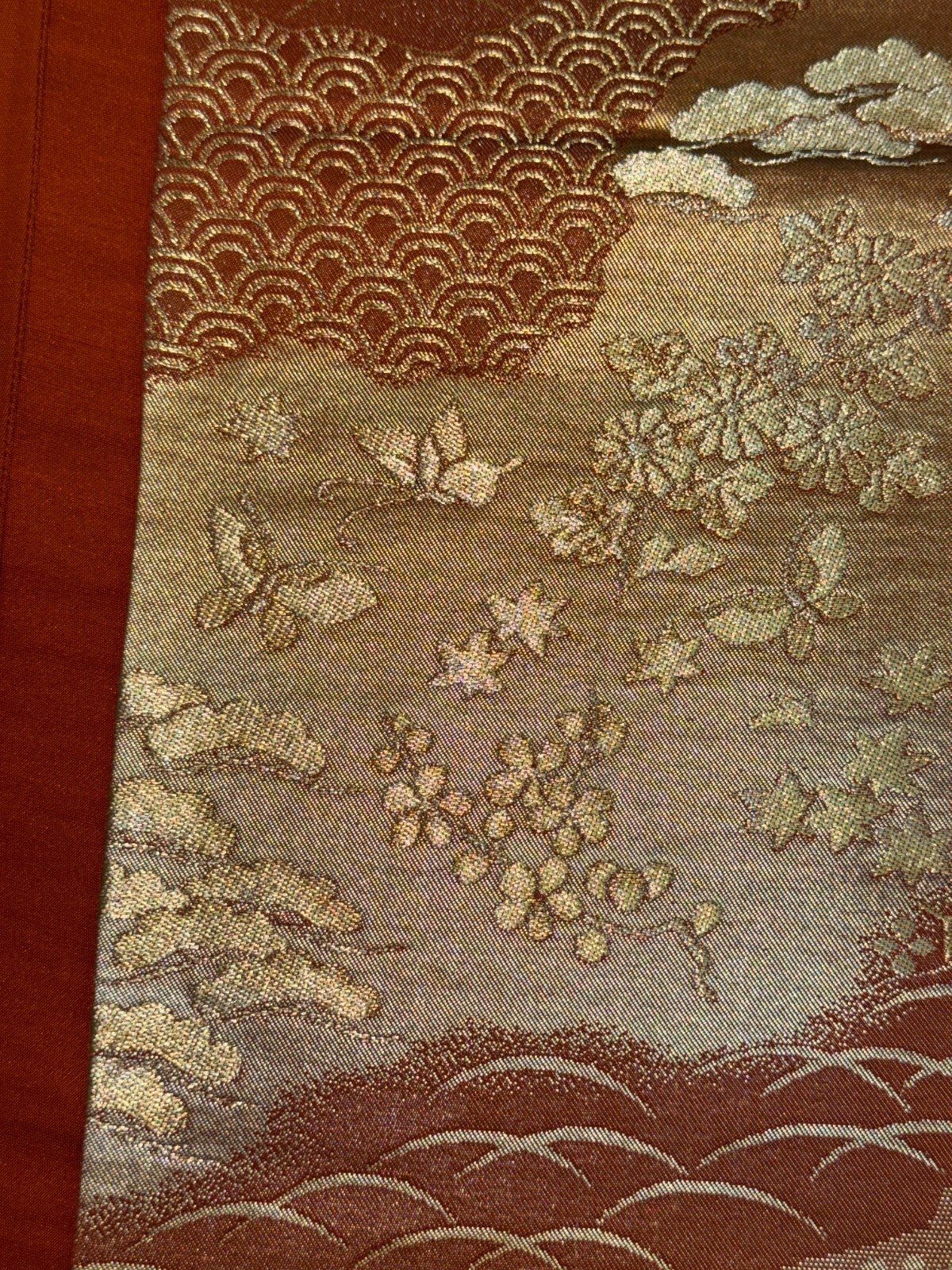 Japanese Vintage Kimono Fukuro Obi silk brown expensive embroidery 167.7×12.2in