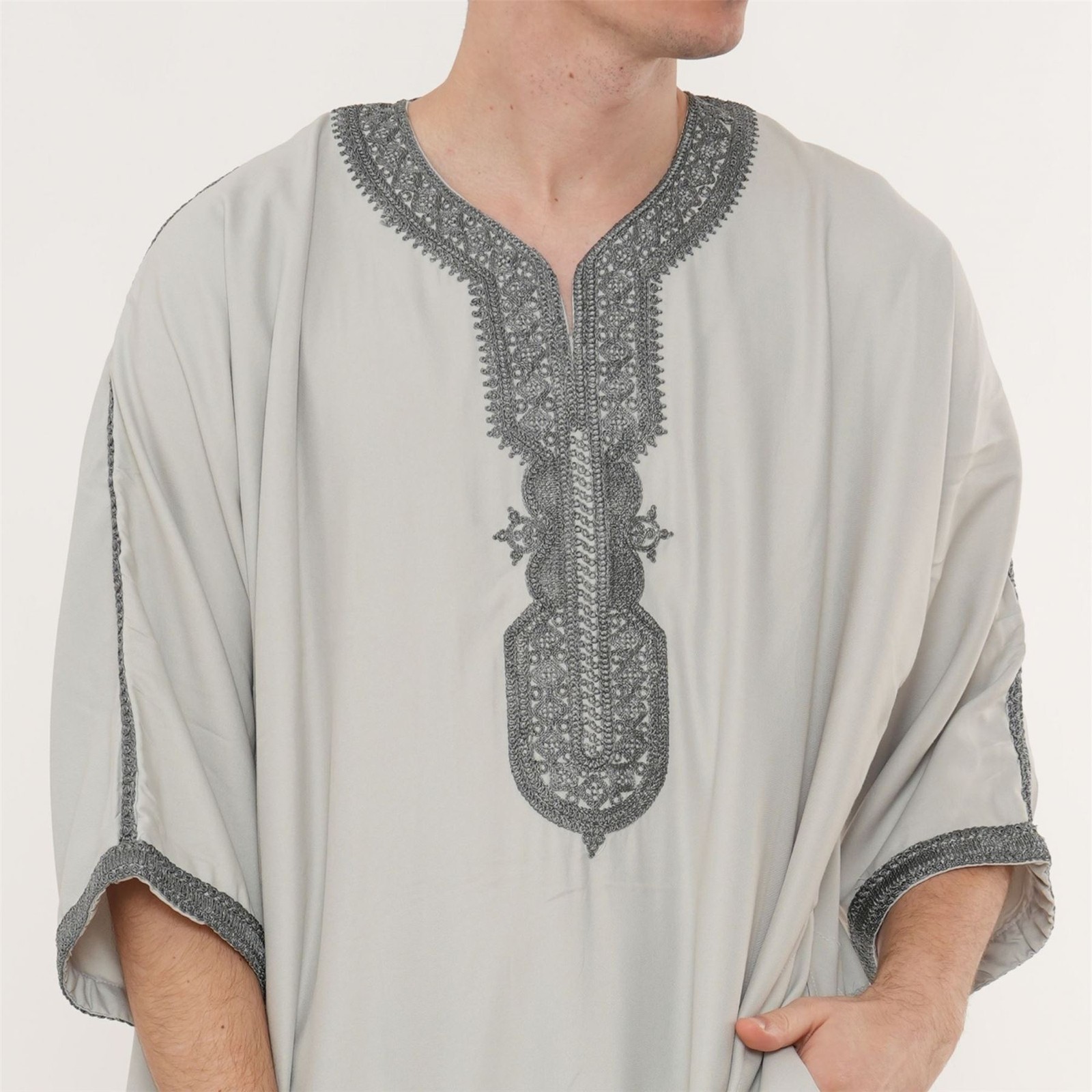 Men’s Grey Moroccan Thobe Half Sleeve Charcoal Embroidery Kaftan Eid Ramadan