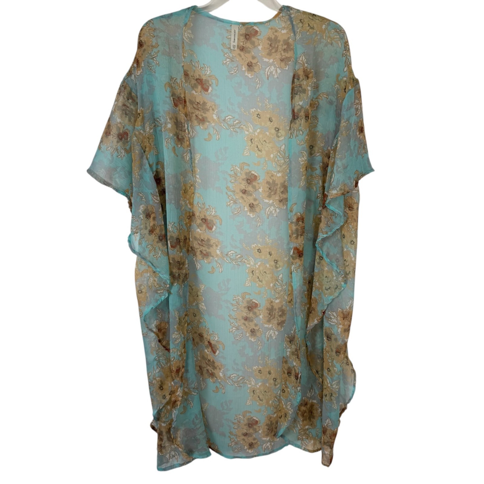 Francesca’s Kimono Duster Floral Turquoise Long Line Open Boho Prairie One Size