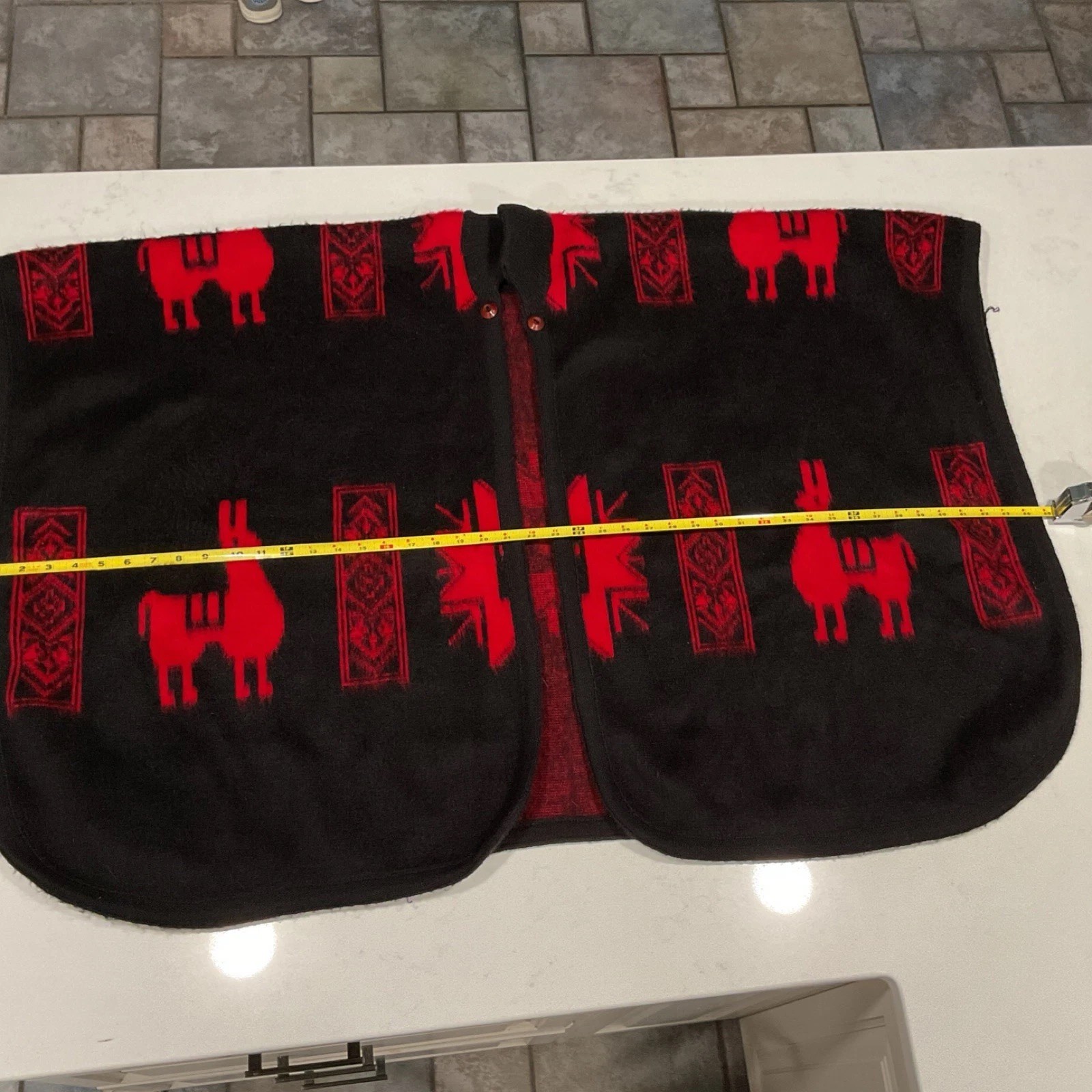 Handmade Black and Red Wool Poncho Latin American Andean Llama Motifs One Size