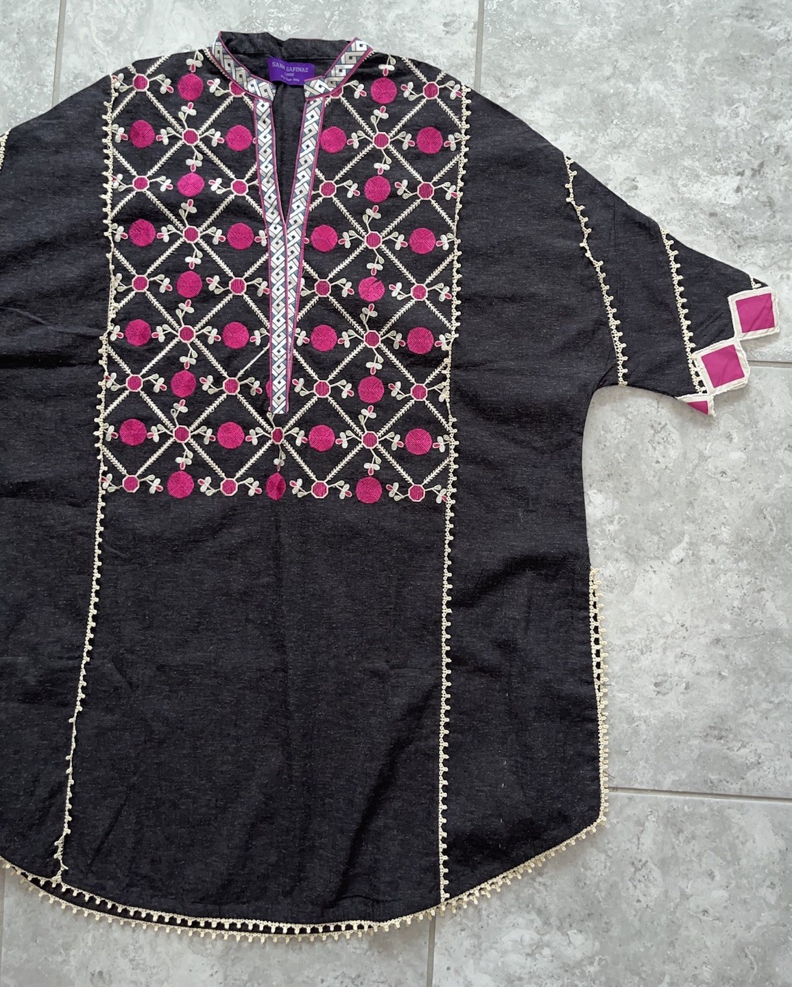 SANA SAFINAZ Geometric Embroidered Cotton Kurti Tunic Shirt Dress NEW Gray L