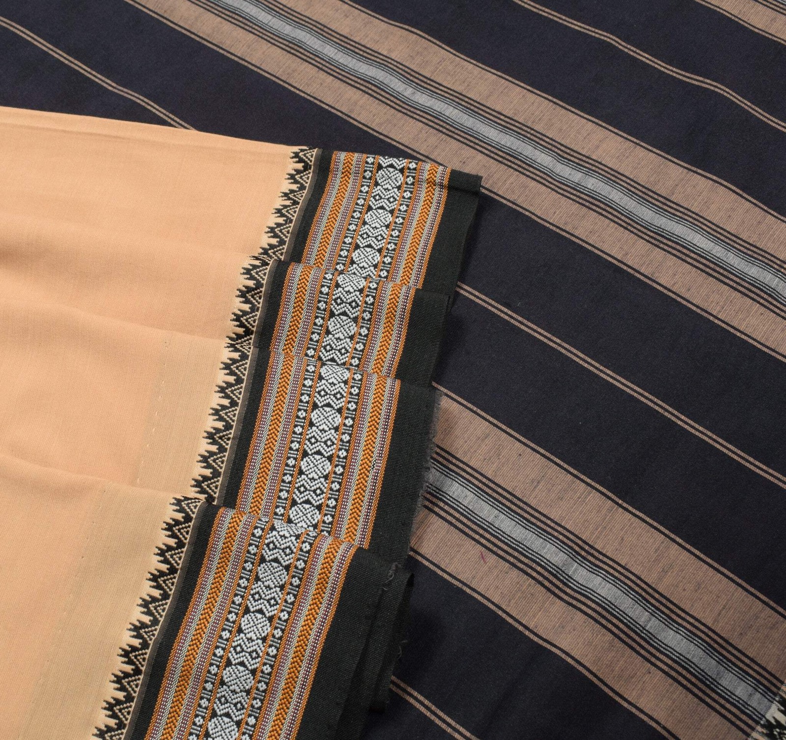 Sushila Vintage Art Cotton Brown Saree Hand Woven Black Border Pallu Sari Fabric