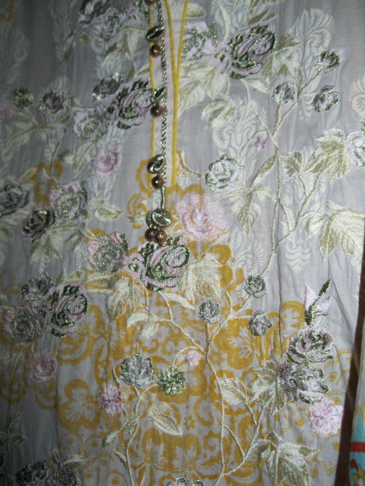 INDIA, COTTON DRESS/KURTA, W/ PINK, ORANGE AND SILVER EMB., SZ. S/M