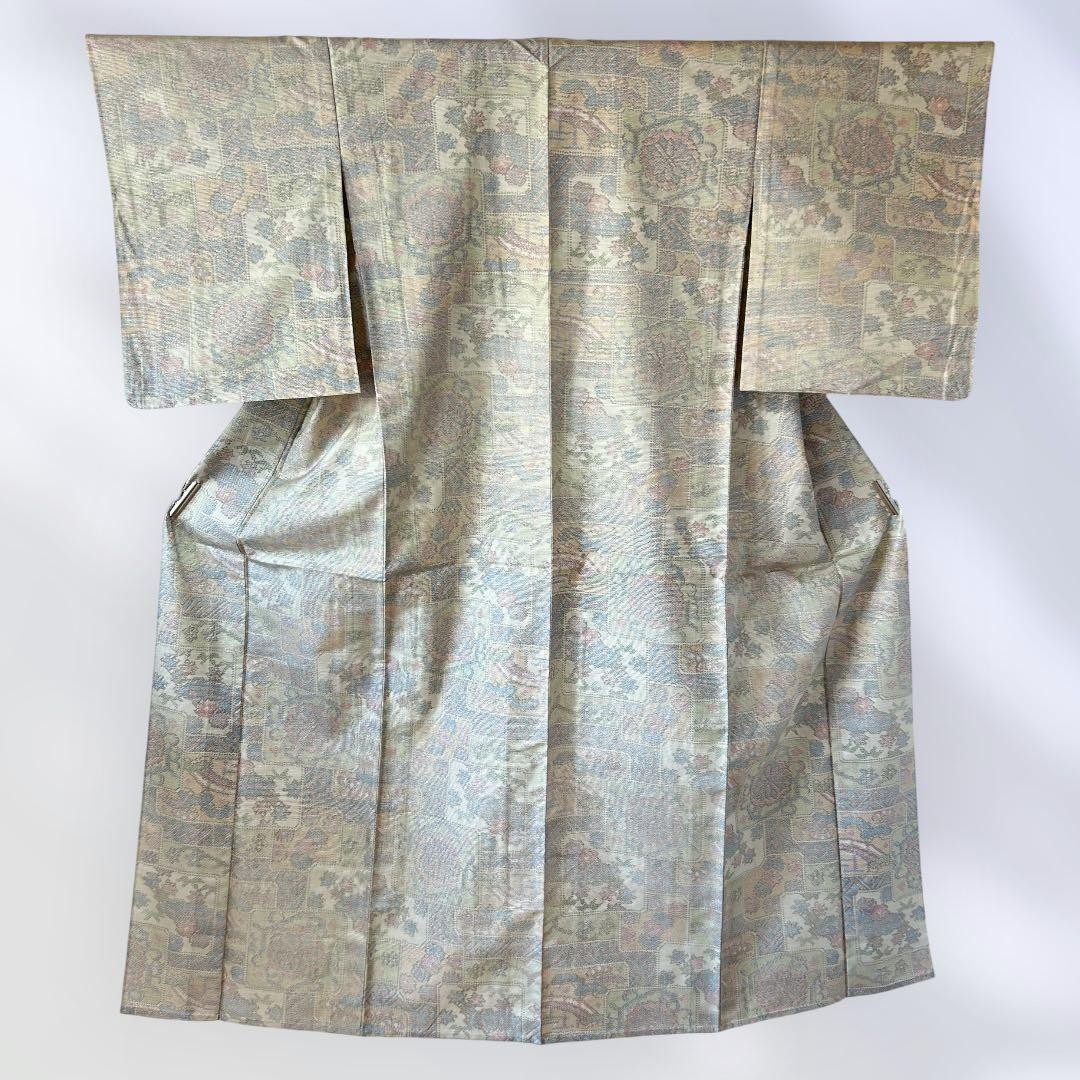 Oshima Tsumugi Silk Kimono Unlined Beige Multicolor 150cm