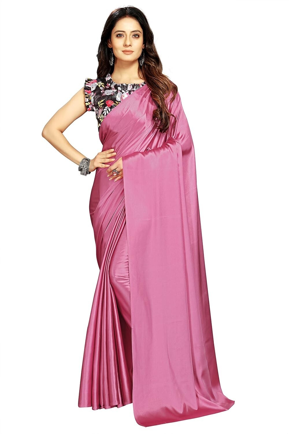 Women Japan Satin Silk Plain Saree Digital Printed Unstiched Blouse Piece