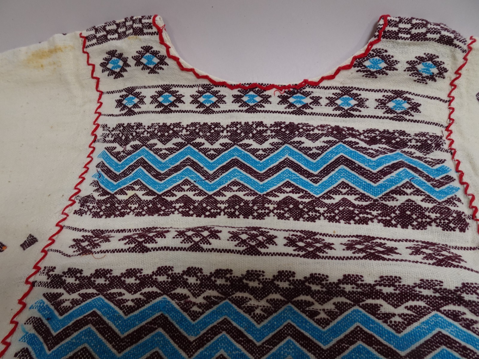 Mexican Cotton Huipil Dress Amuzgo Oaxaca Turquoise White Maxi Kaftan Tunic