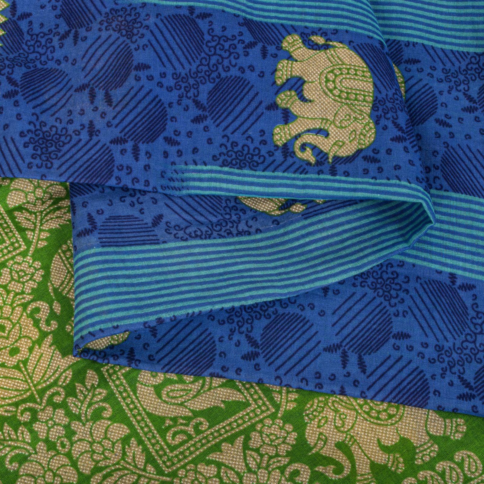 Sanskriti Vintage Saree Blue-Green Pure Cotton Animal Printed Craft Fabric Sari