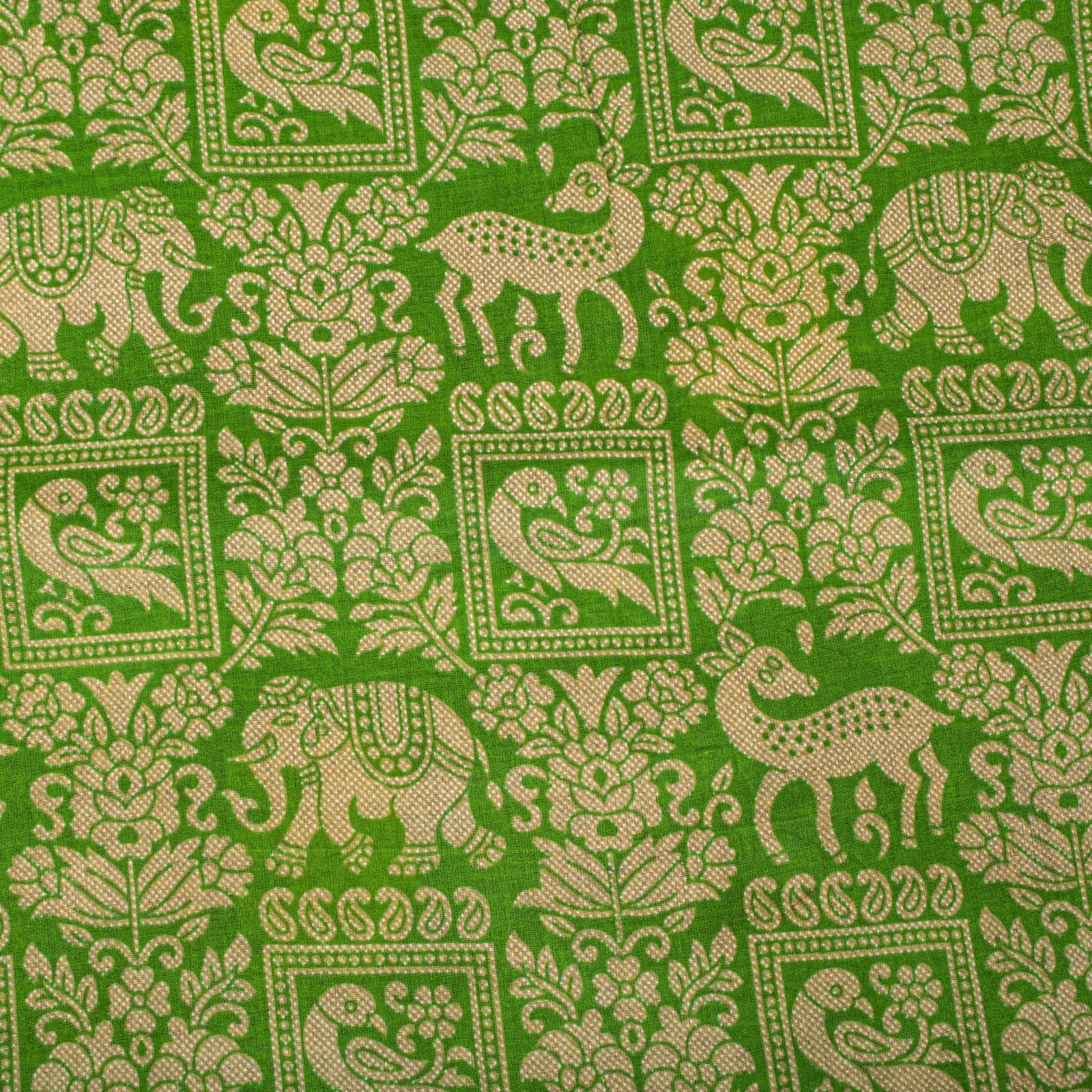Sanskriti Vintage Saree Blue-Green Pure Cotton Animal Printed Craft Fabric Sari