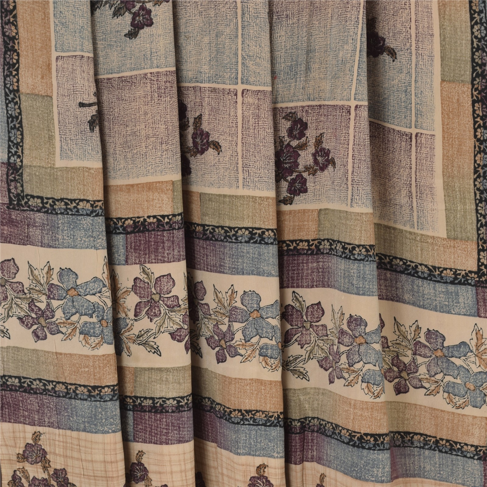 Sanskriti Vintage Sarees Pale-Cream Pure Crepe Silk Printed Sari Craft Fabric