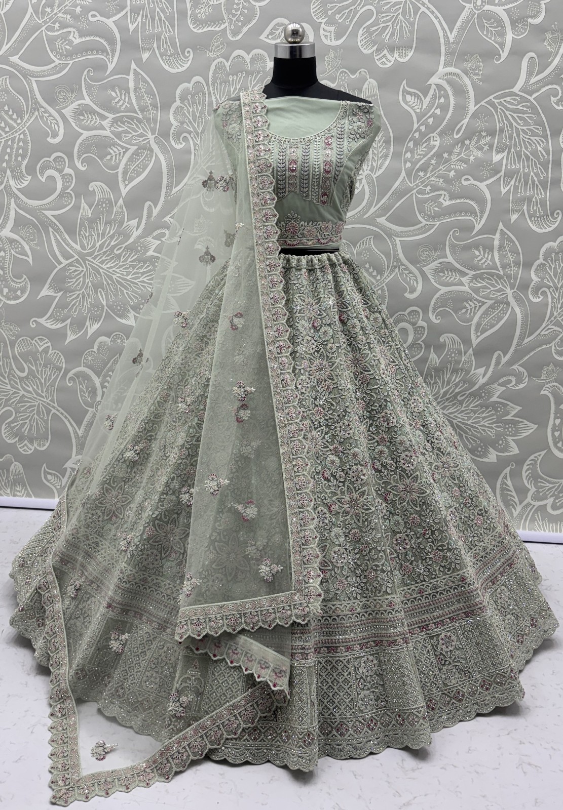 Bridal Net Lehenga Choli Sequins Zircon Designer Reception Party Dress