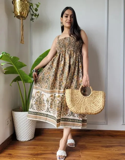 Women Cotton Dresses And Frocks Gown Dress with Digital Print Knee Length A Line