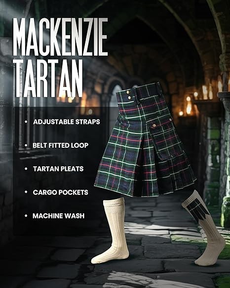 Mackenzie Tartan Utility Kilt Package – Acrylic Wool Kilt, Hose, Flashes