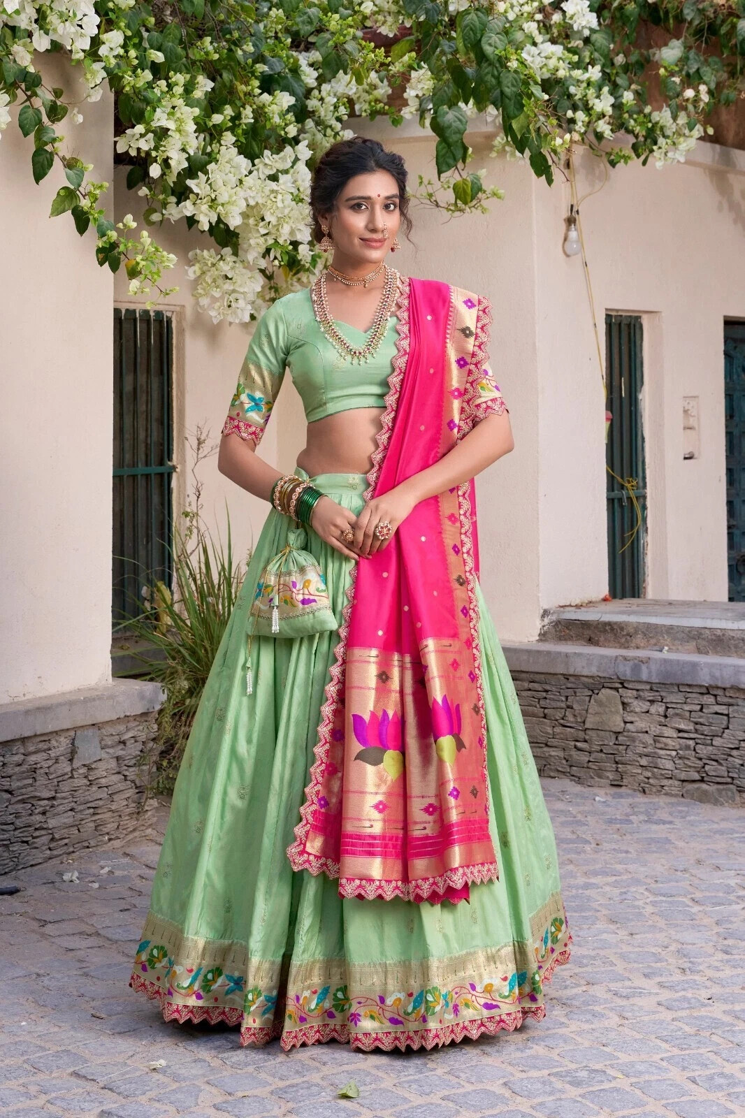 Stylish Designer Pista Green Jacquard Silk Lehenga Choli With Dupatta For Women