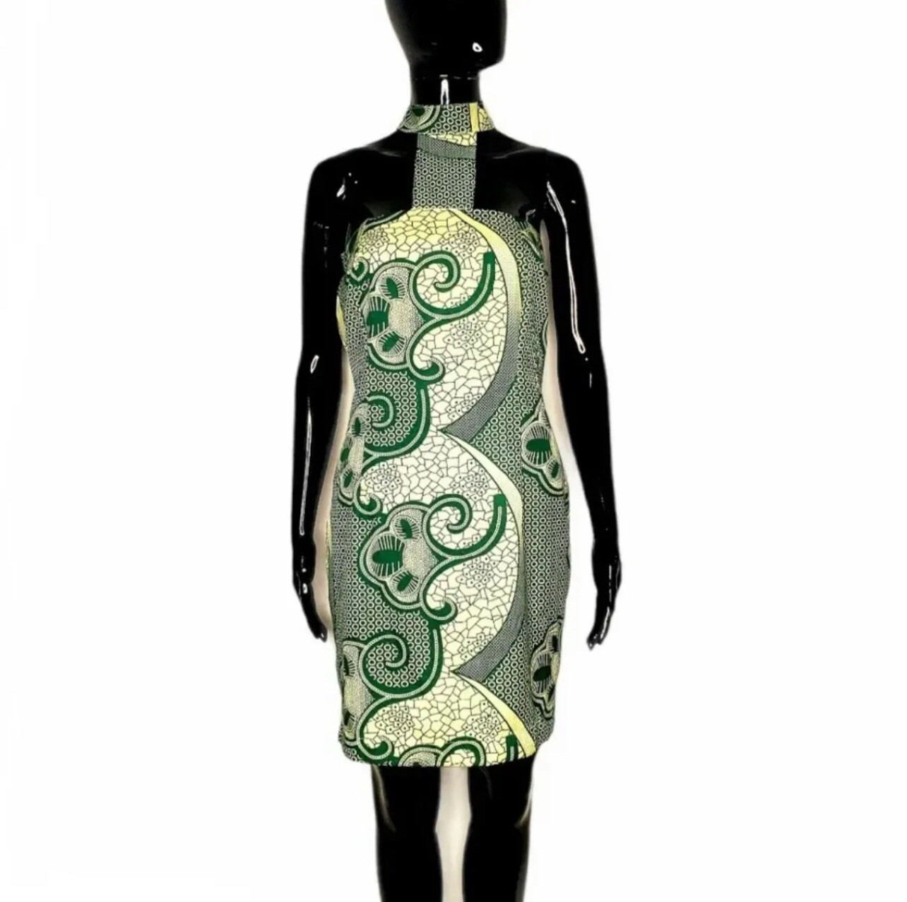 African Print Green and Beige Short Women Choker Dress