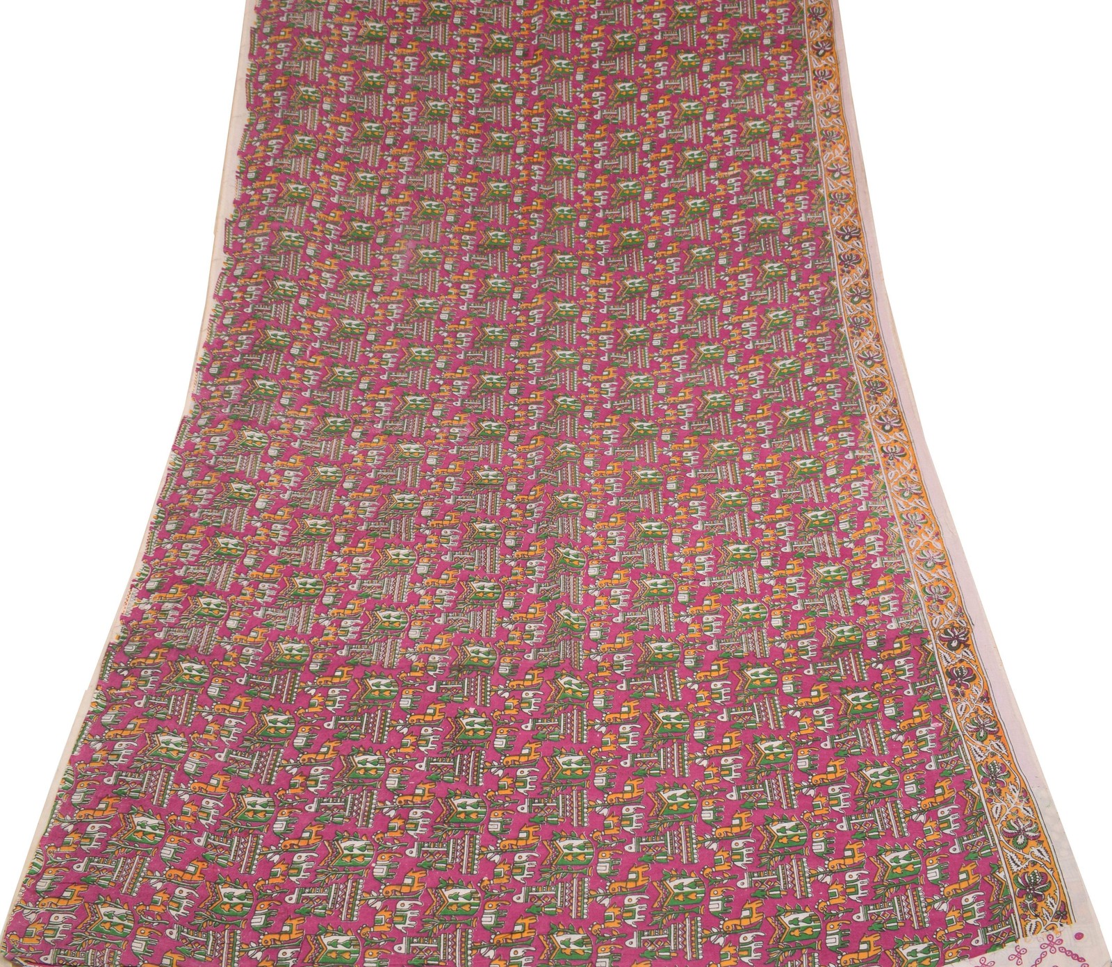 Sushila Vintage Handmade Kalamkari Saree Pure Cotton Magenta Printed Sari Fabric
