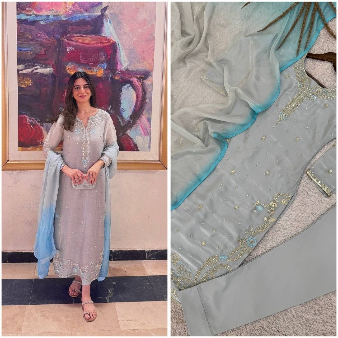 Silver Grey Salwar Suit Set with Sky Blue Dupatta Embroidered Ethnic Wear