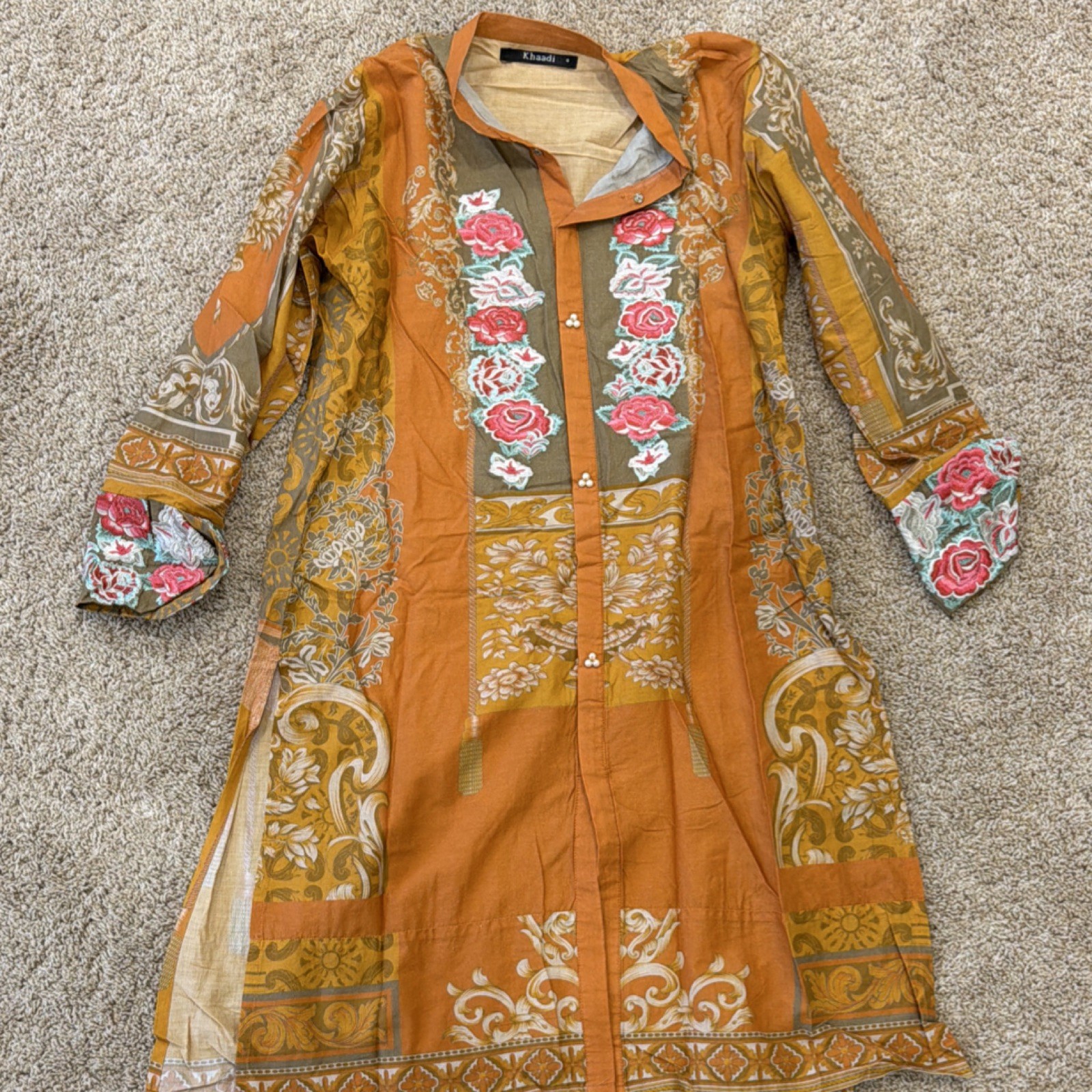 Khaadi Women’s Printed Cotton Orange Floral Kurta/Kurti Tunic Top Size 8