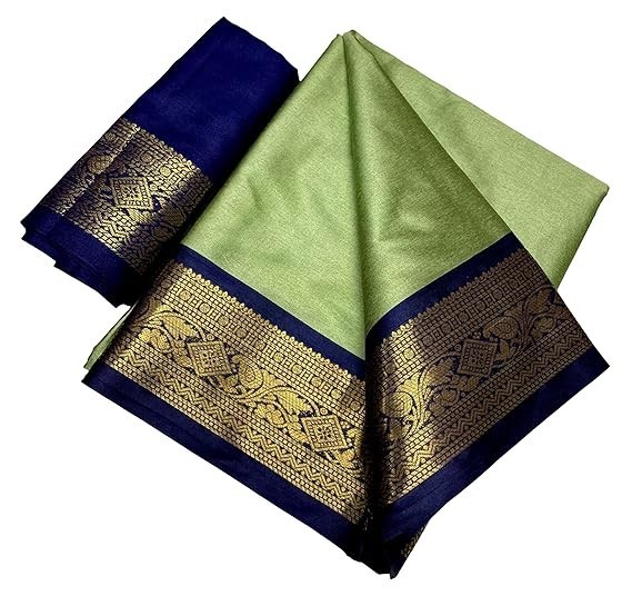Traditional Handloom Silk Saree with Gold Zari Border, Lime Green and Dark Green