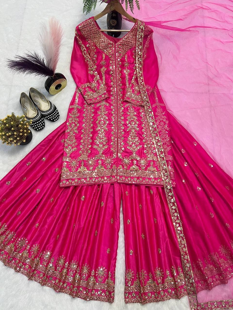 Exclusive Designer Malay Satin Silk Top Palazzo With Dupatta For Wedding Wear