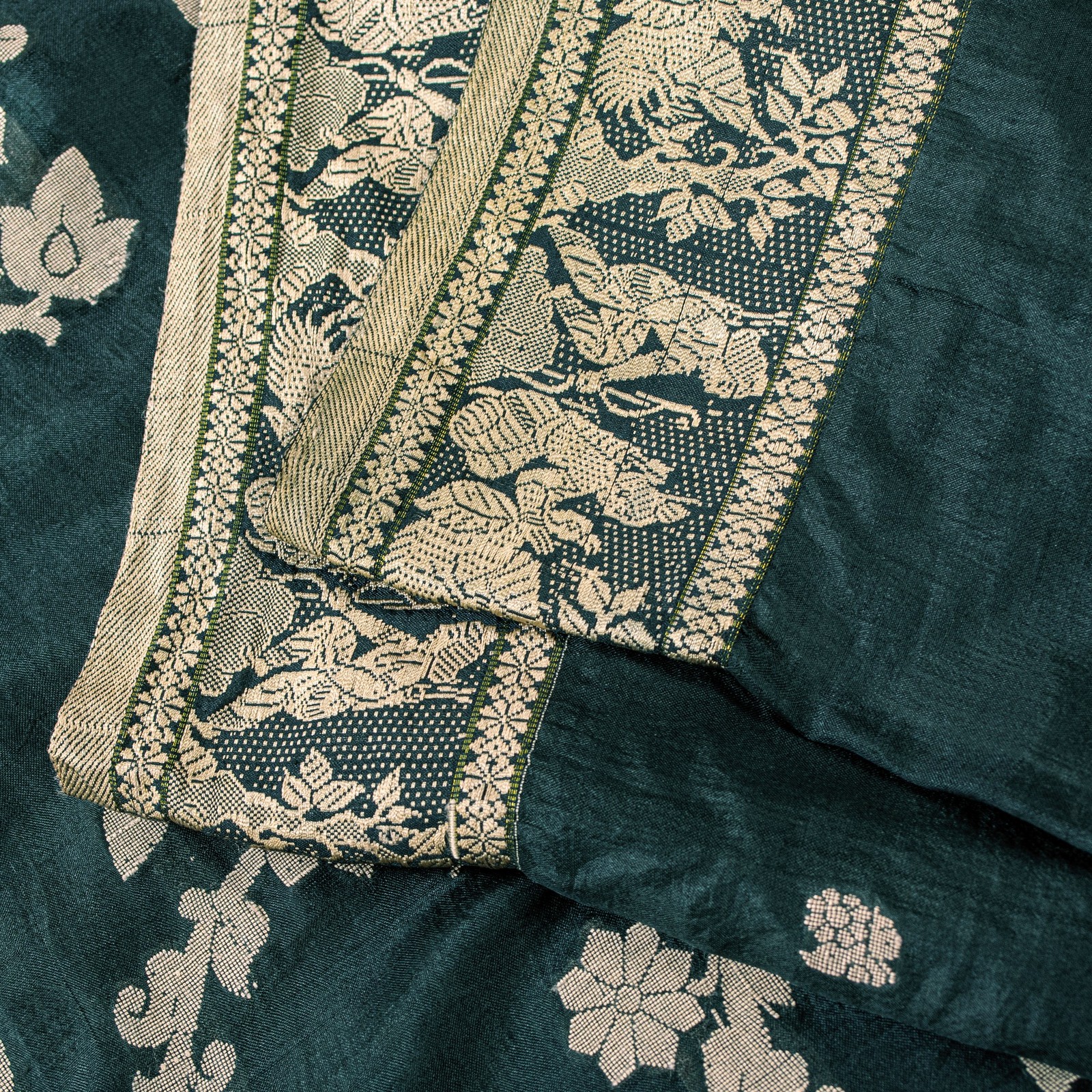 Sanskriti Vintage Green Pure Silk Saree Hand Woven Sari West Bengal 6+Yd Fabric