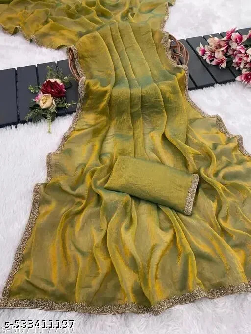 Chiffon Embellished Work Lace Border Two Tone Designer Saree