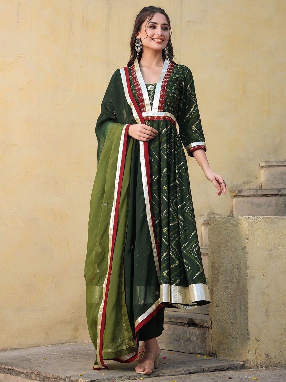 Green Chanderi Ready To Wear Wedding Party Kurti Pant Duppata Women Salwar Suit