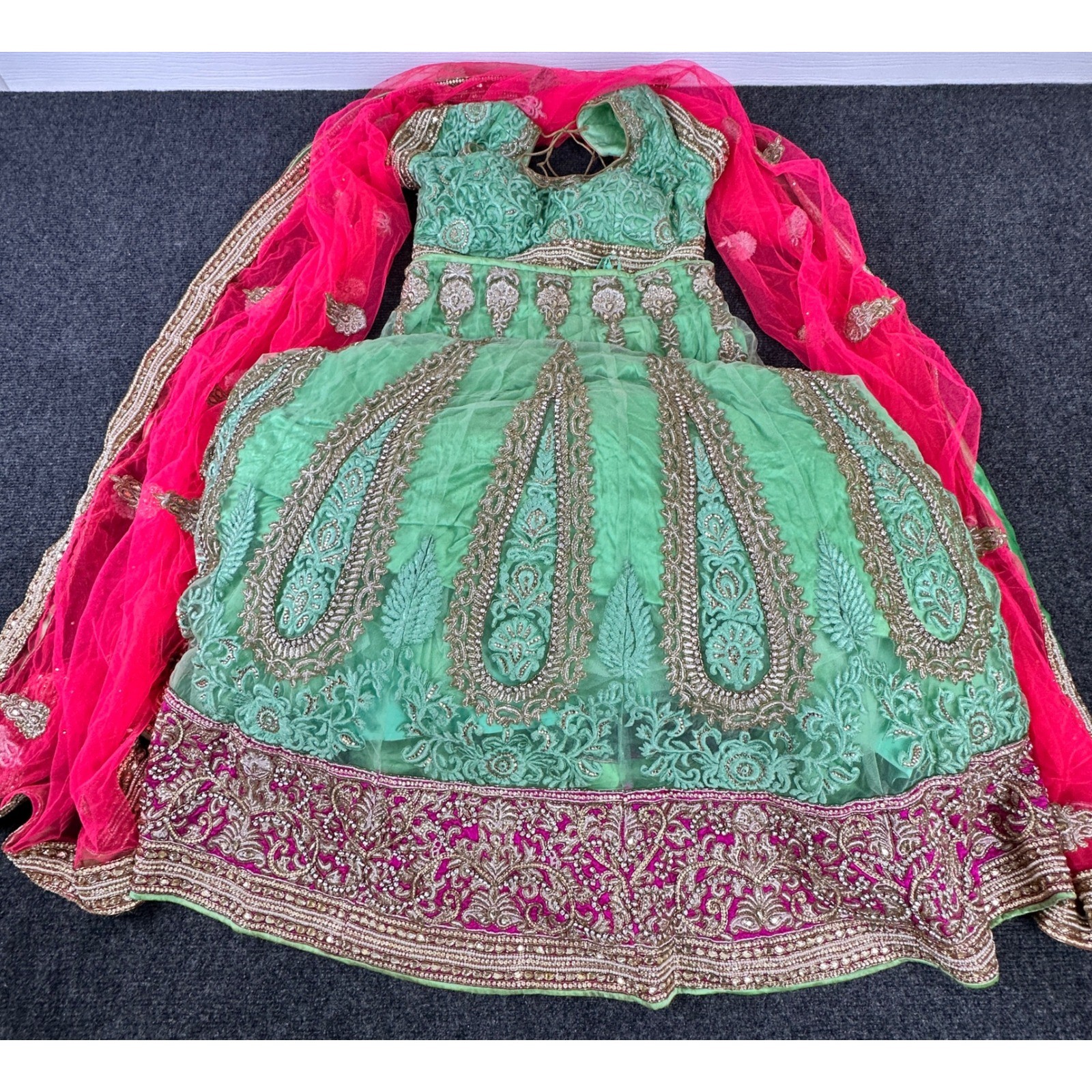 Indian bridal Lehenga Choli Mint Green Pink Gold Embroidered Wedding Set 3PC