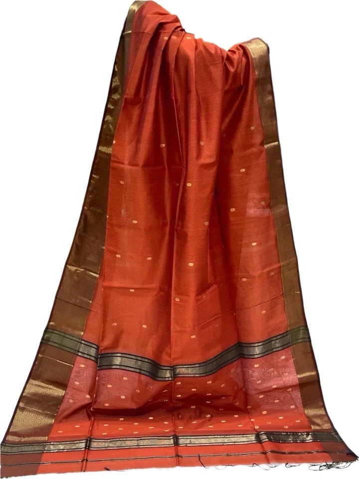Brick Red Handloom Cotton Silk Saree casual wear Partywear Sari For Women
