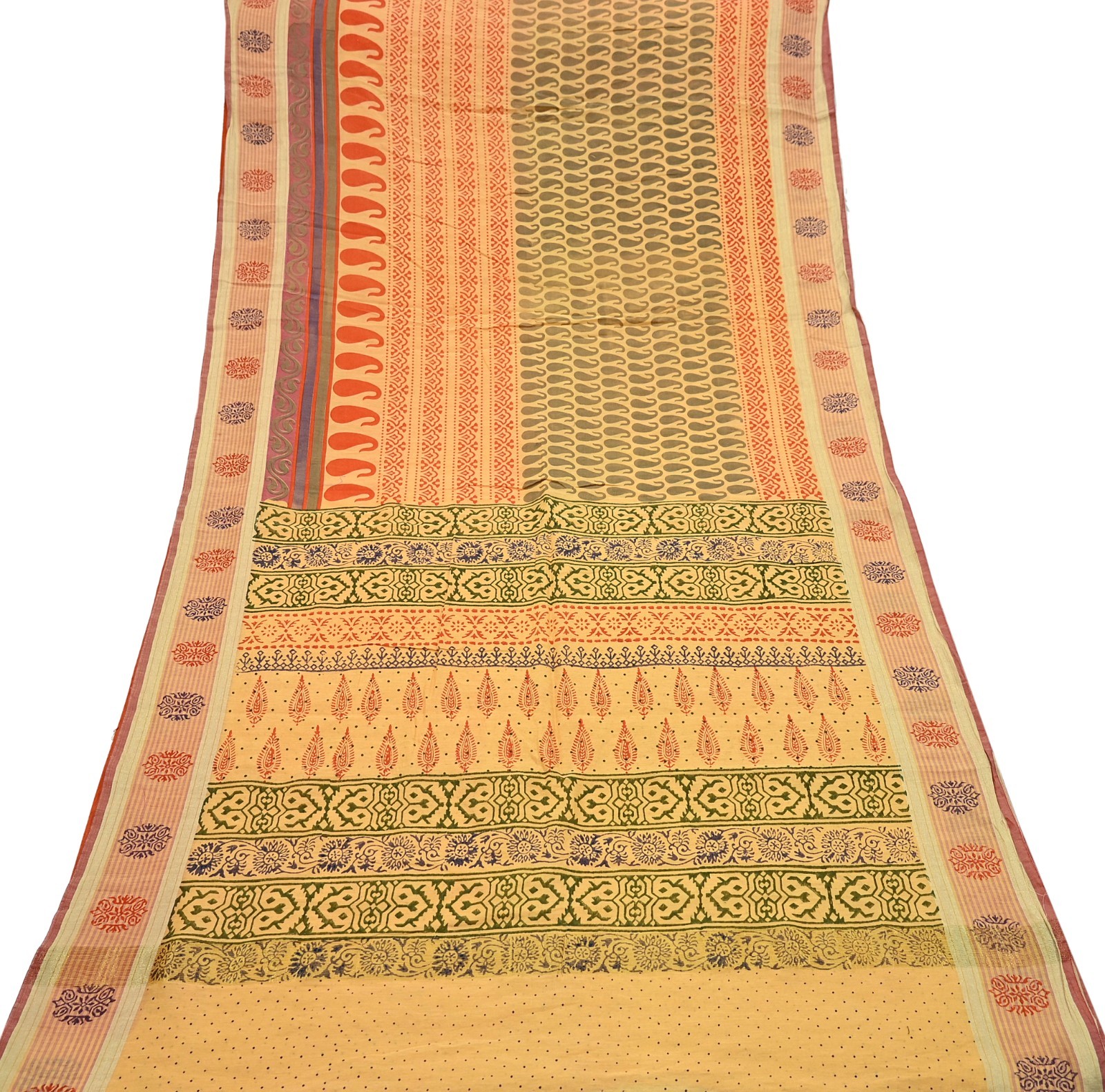 Indian Vintage Yellow Block Printed Pure Chanderi Silk Saree Floral Zari Fabric