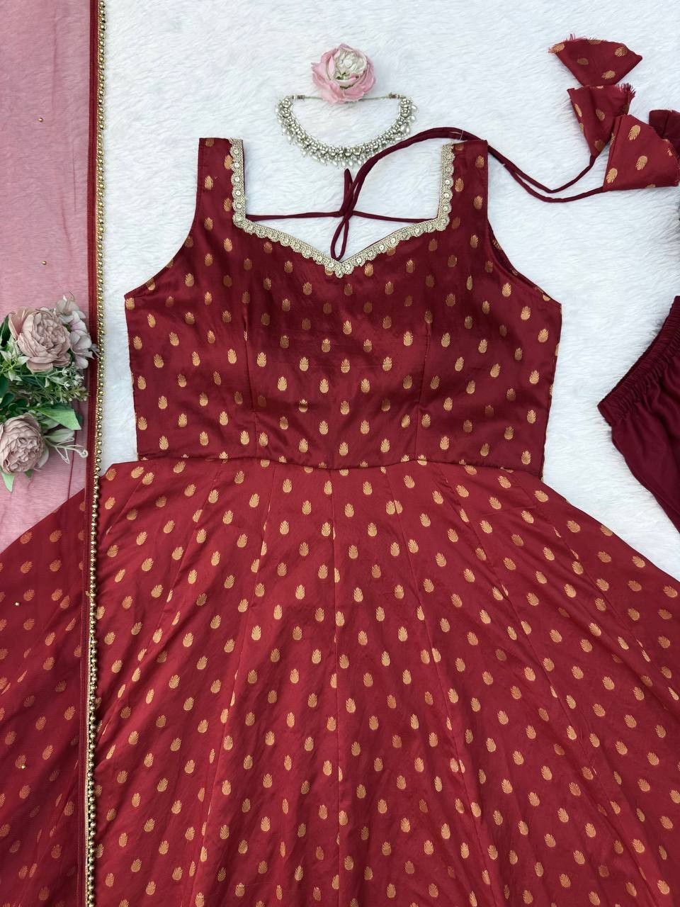 Stylish Chanderi Jacquard Butti Maroon Gown Bottom With Dupatta For Women Wear