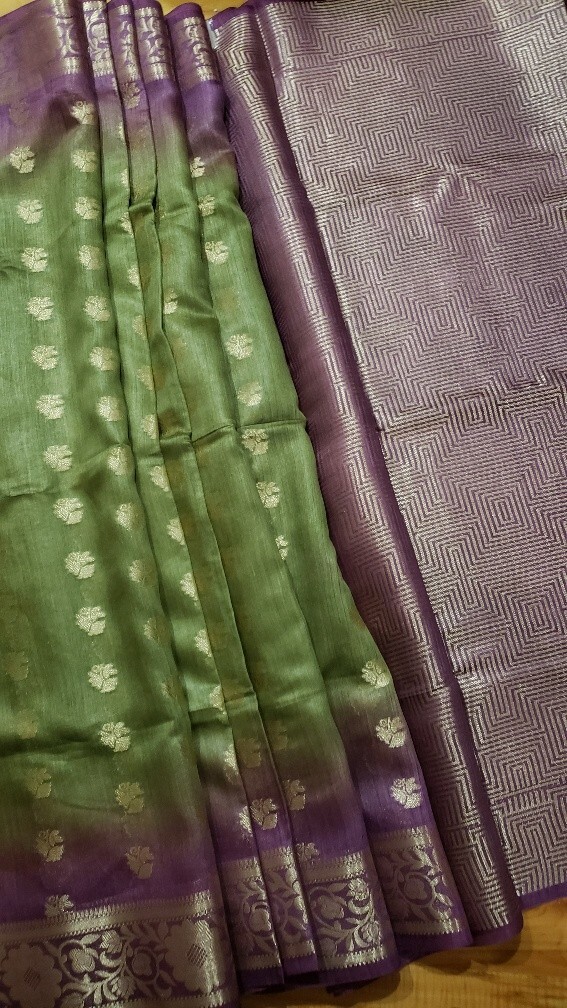 Tussar Silk Handloom Saree Floral Zari Work Brocade Pallu Unstitched Blouse