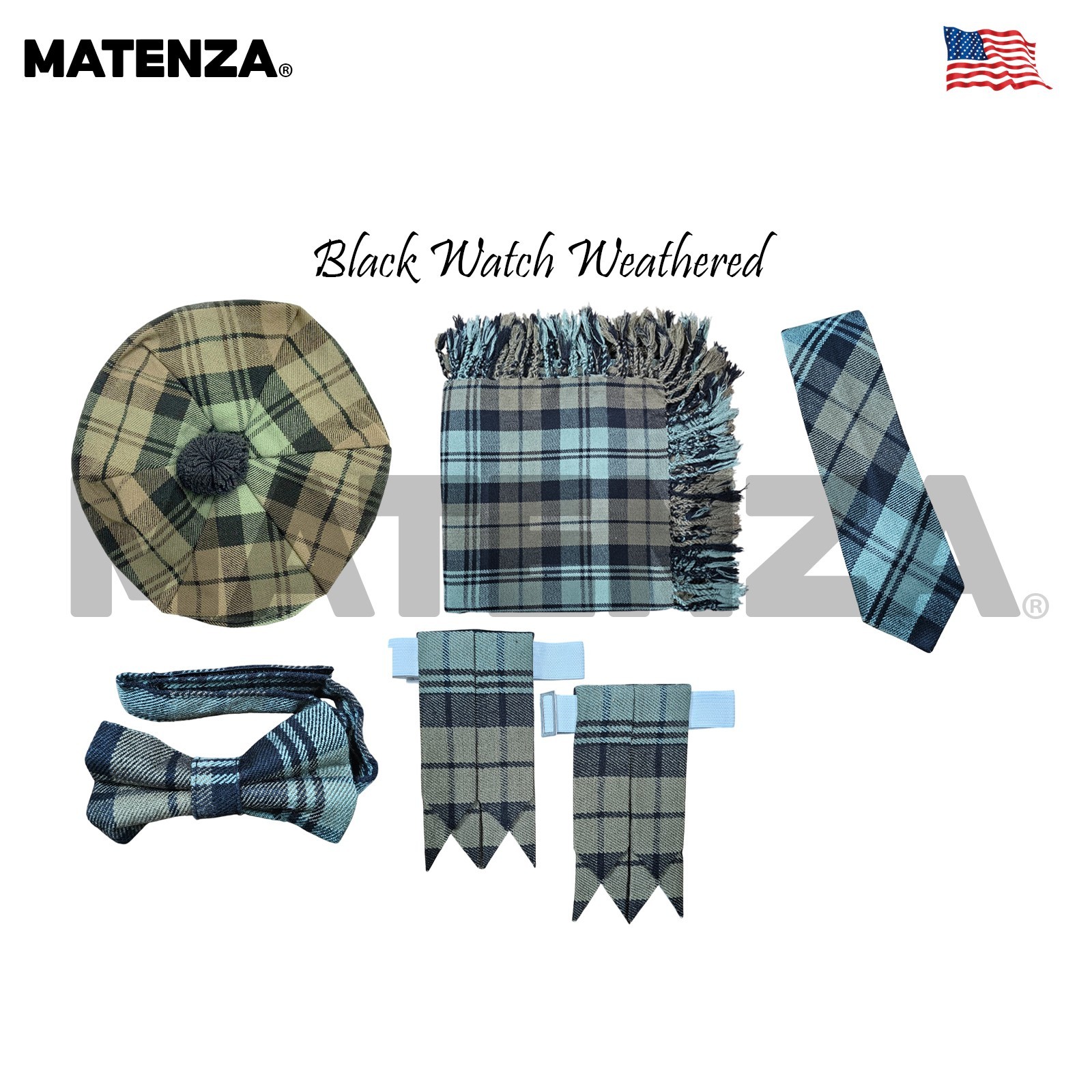 Black Watch Weathered Tartan 5Pc Kilt Accessories Scottish Dress Set