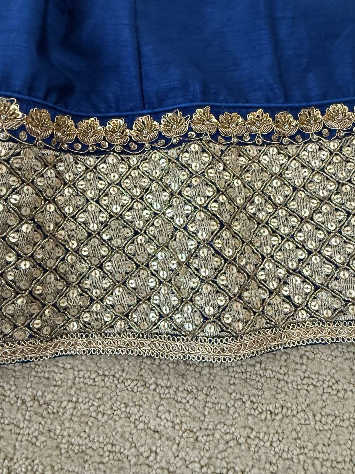 Navy Blue and Gold Long Lengha with Sequins, Lined, Tie Waist