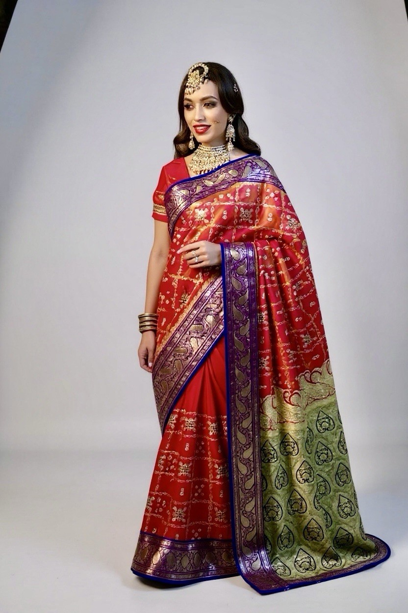 Indian Silk Orange Purple Zari Embroidery Bridal Sari Silk Wedding Wear Saree