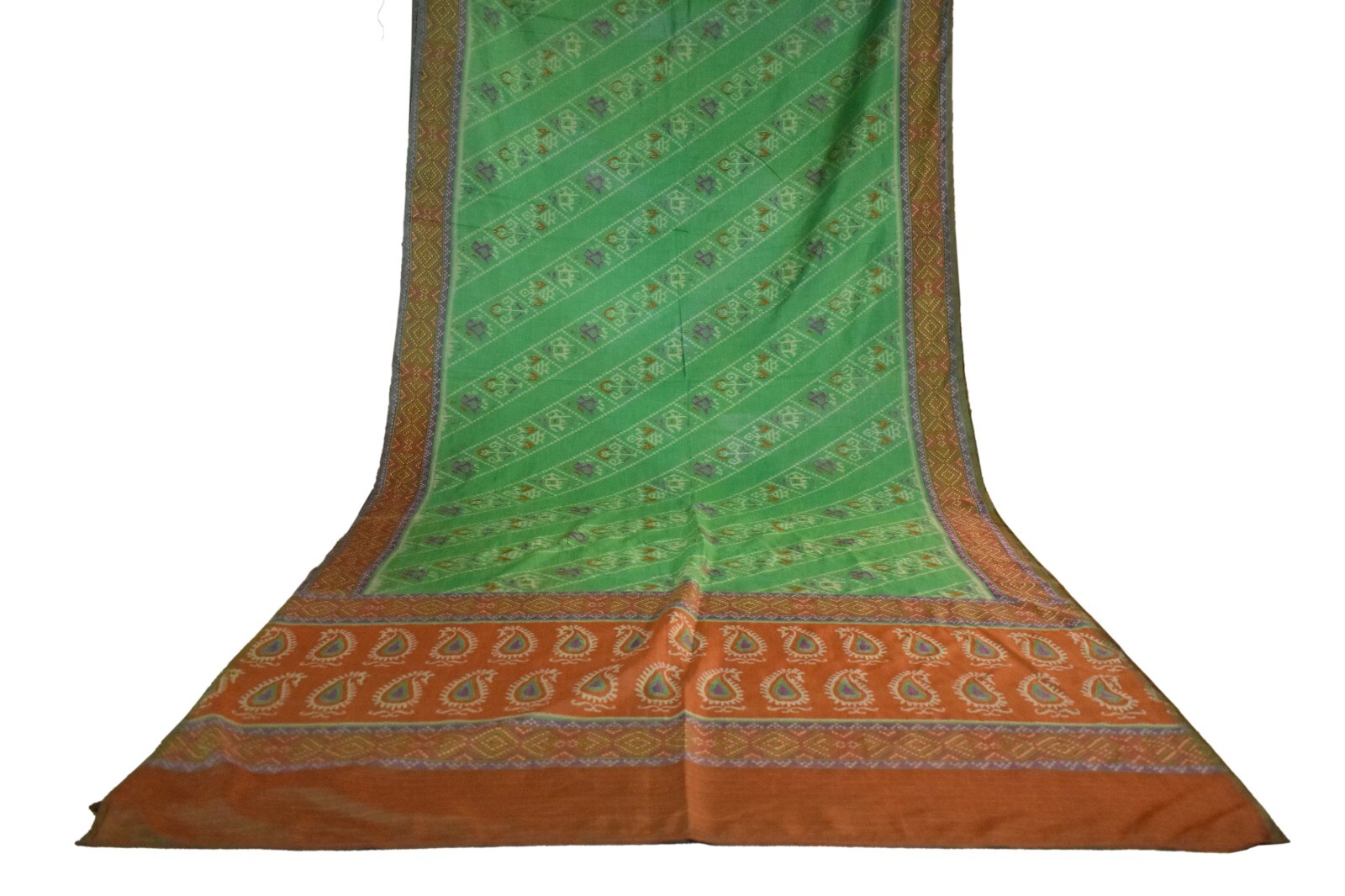 FNC Vintage Green Sambalpuri Ikat Sarees Handwoven Art Silk Sari Fabric Antique