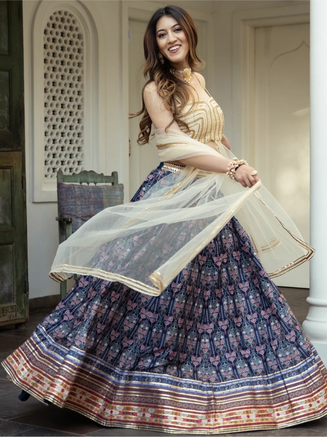 Festive Party Wear Organza Lehenga Choli With Digital Print & Mirror Work