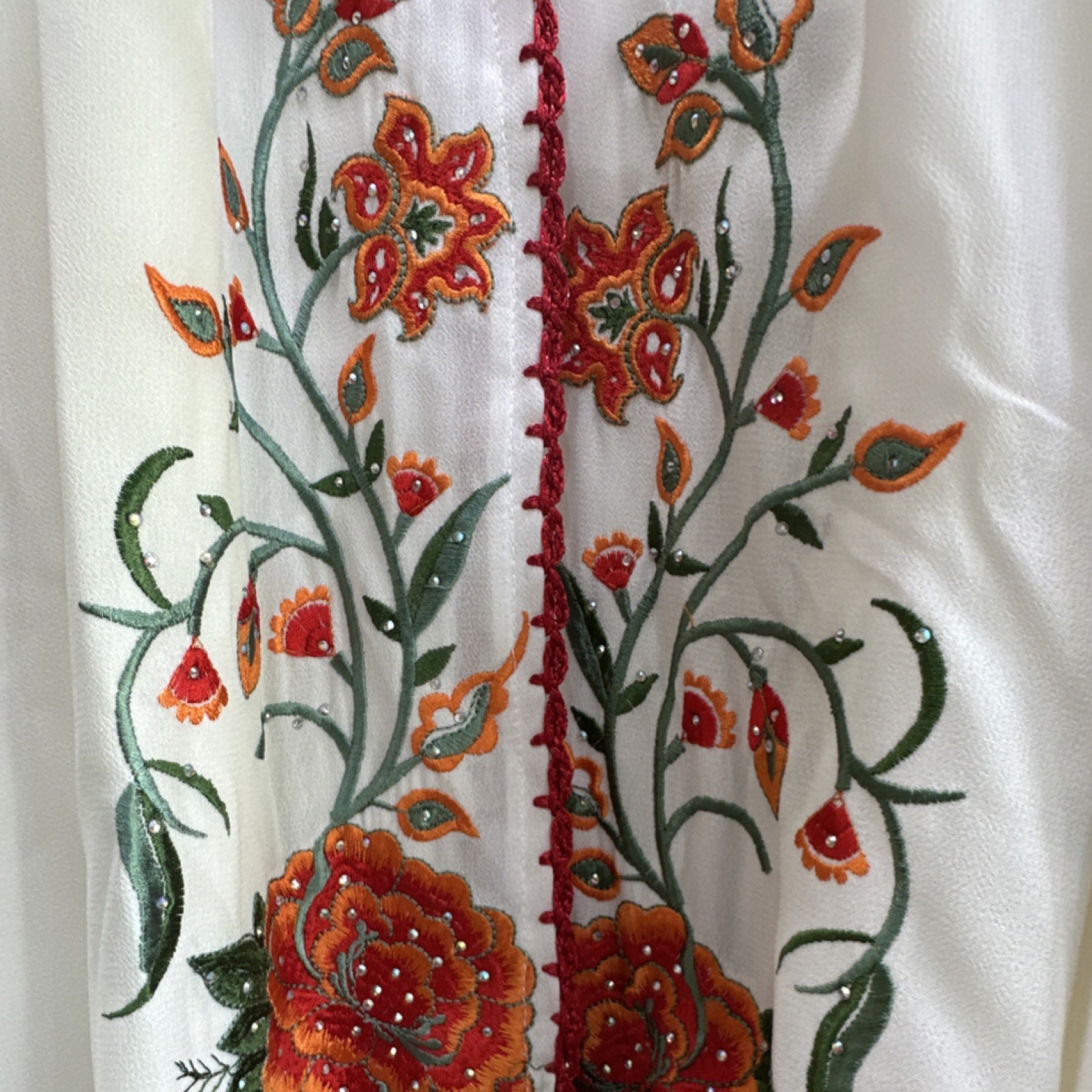 ALKARNAK Women’s Embroidered Floral Kaftan Dress White Red Green Orange M