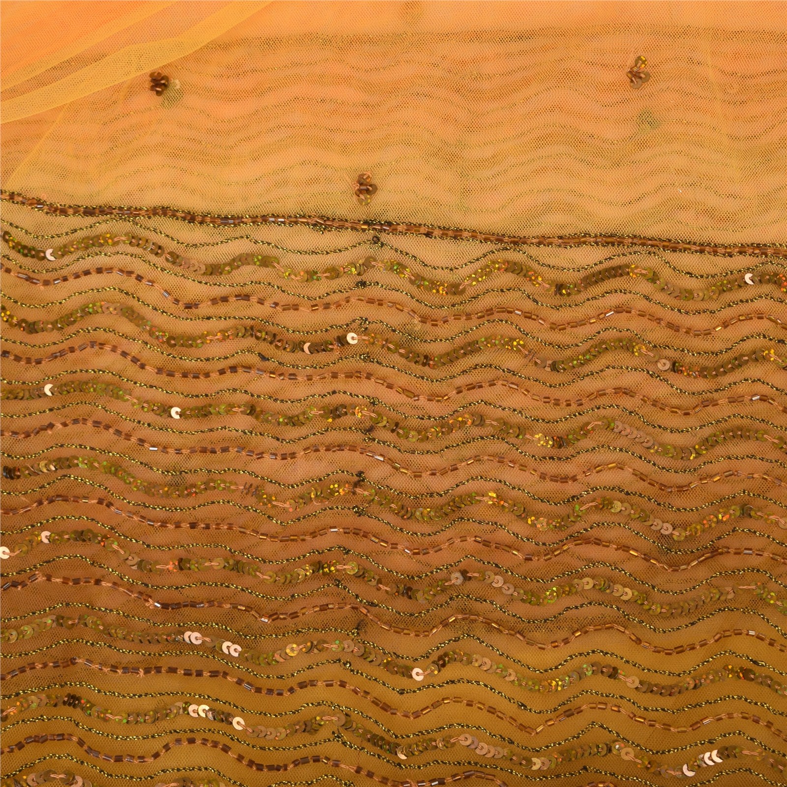 Sanskriti Vintage Yellow/Orange Sarees Net Mesh Hand Beaded Ethnic Sari Fabric