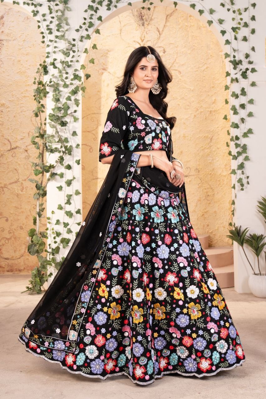 Black Georgette Embrodaried Flower lahenga choli