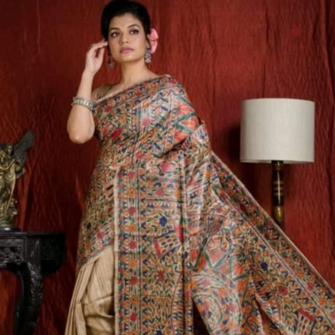 Madhubani Pure Tussar Ghicha Hand Painted Saree