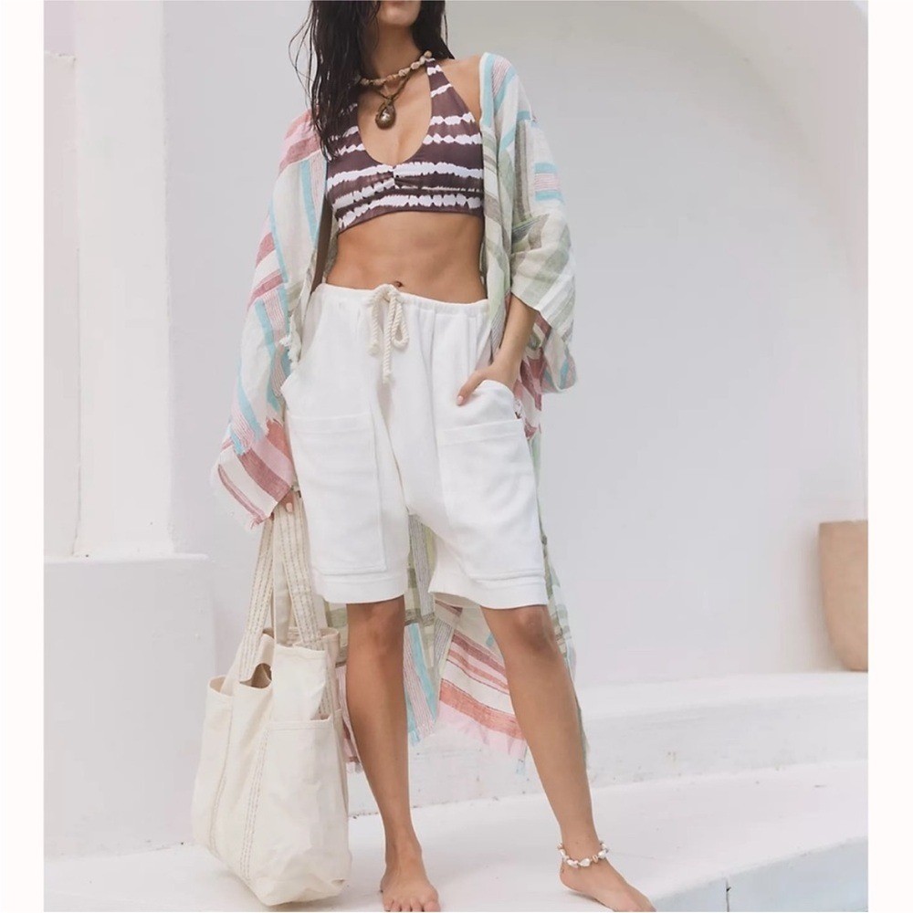 Free People Patchwork Sail Away 100% Linen Kimono One Size