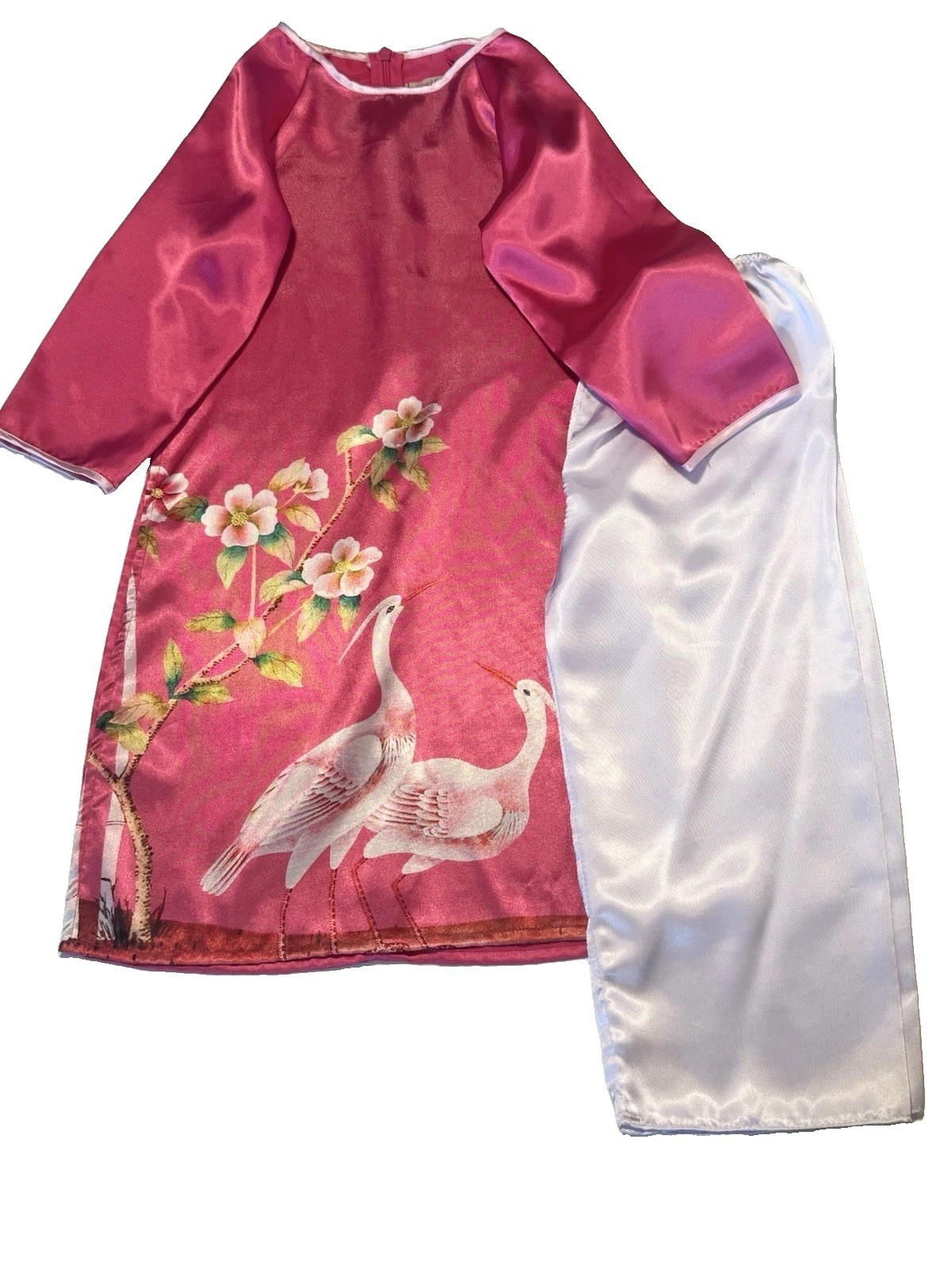 Girls Pink Satin Ao Dai dress 2 Piece w/ Floral Bird Design & White Pants Sz 8